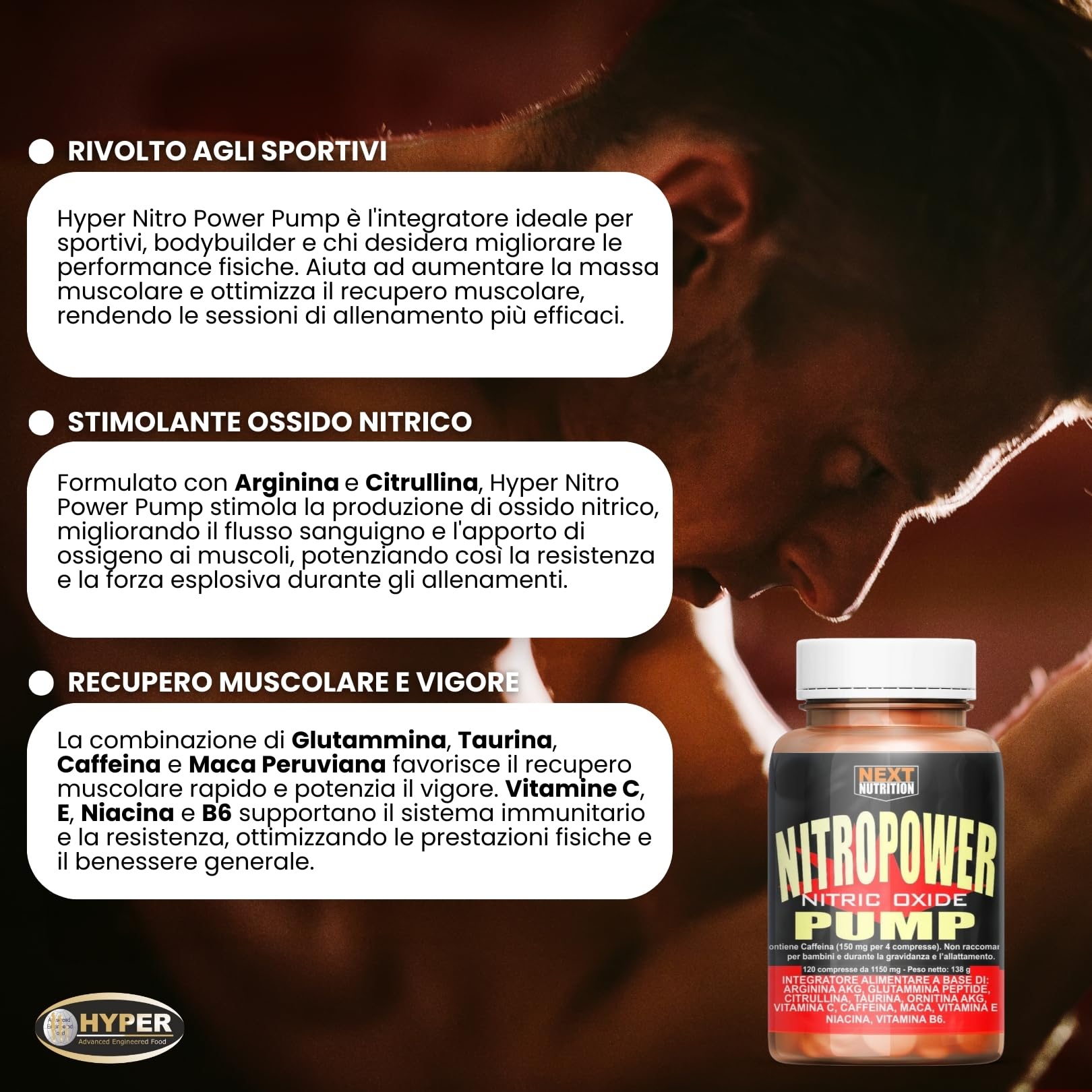 Hyper Nitro Power Pump 2 x 120 CPR - Pre Workout, Massa Muscolare - Stimola Ossido Nitrico con Vitamina C, Maca Peruviana, Vitamina E, Arginina, Citrullina, Glutammina, Acetil l Carnitina e Caffeina