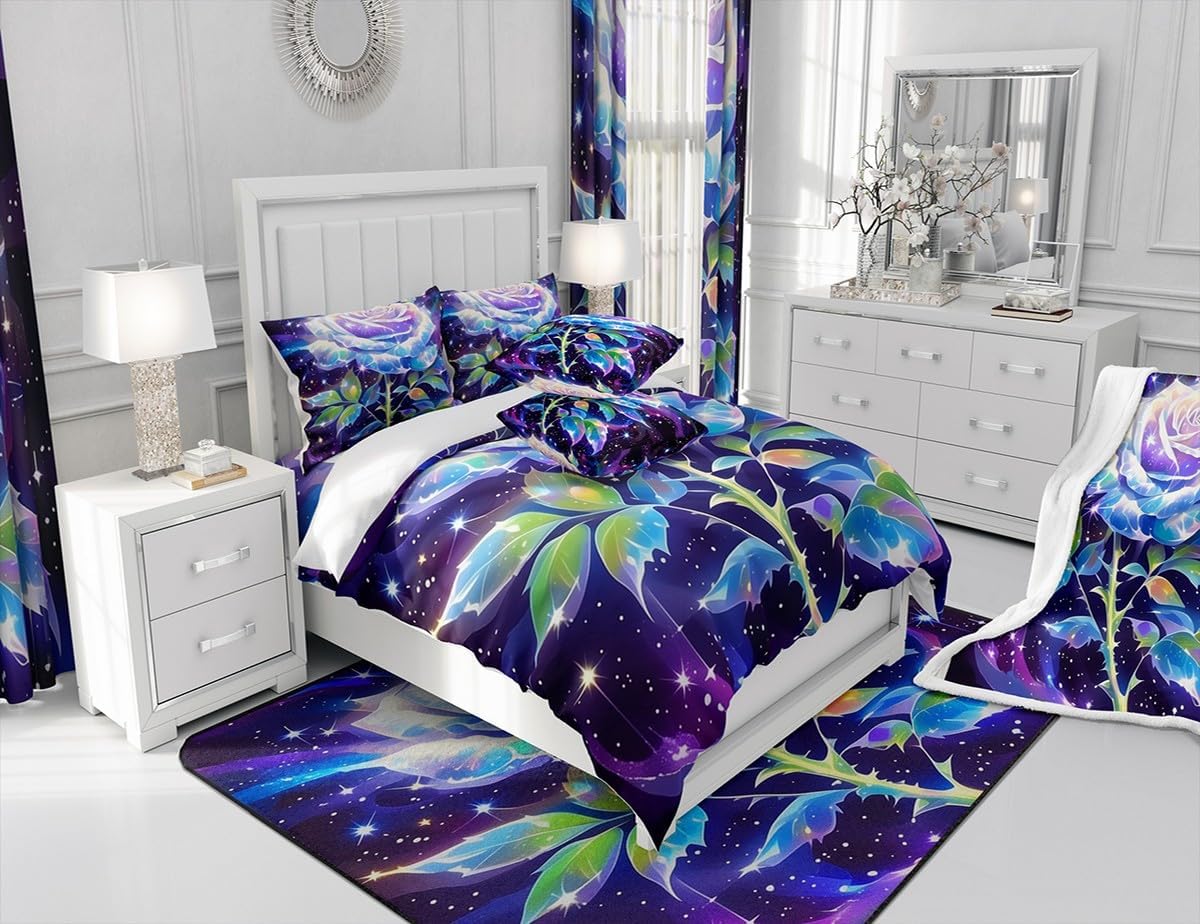 Castle Fairy Rose Flowers Duvet Cover Set Toddler Size,Rose Glitter Bedding Set for Kids Boys Girls Room Decor,Chic Exotic Comforter Cover,Modern Floral Quilt Cover with 1 Pillowcase(No Comforter)