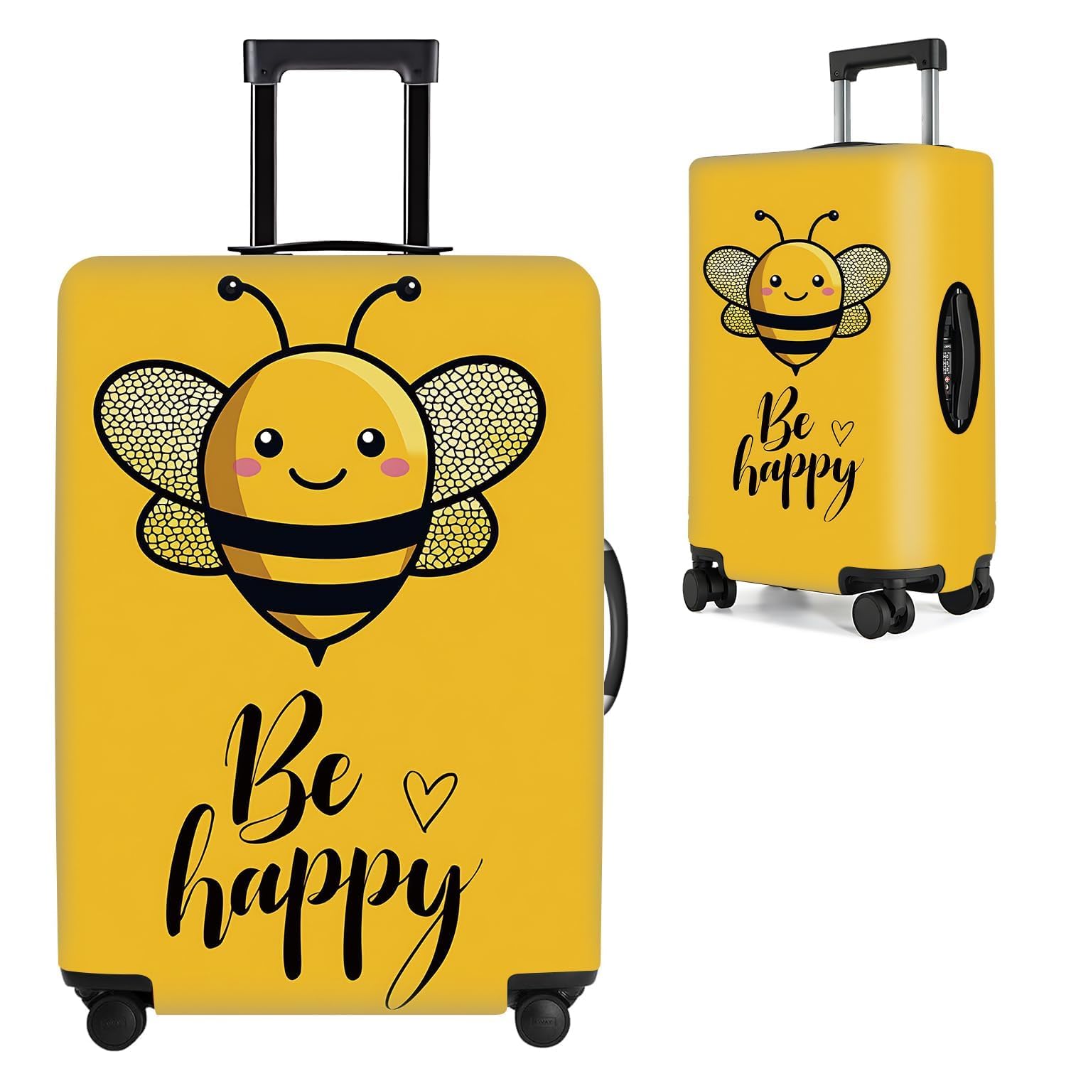 Be Happy Bee Luggage Cover – Cute Yellow Travel Suitcase Protector with Motivational Quote – Stretchable Anti-Scratch Cover for 28-30 Inch Luggage,L