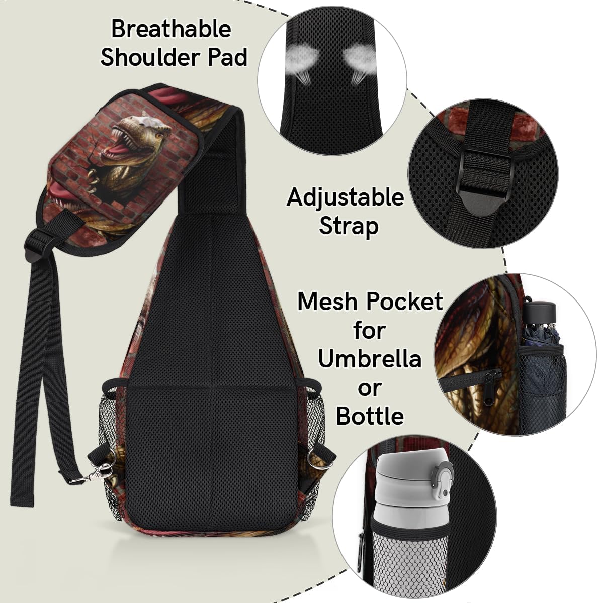 3d Dinosaur Sling Bag for Women Men Crossbody Sling Backpack Shoulder Bag Chest Bag Daypack for Travel Hiking Outdoor