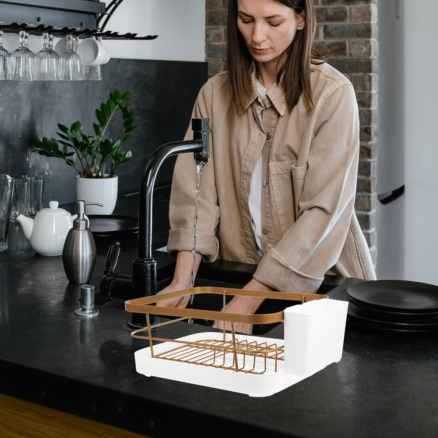 Angoily Space-Saving Draining Dish Rack for Kitchen Counter Bowl Drying Rack with Multi-Functional Storage for Plates Bowls Cups Smooth Surface Design Suitable for All Kitchen