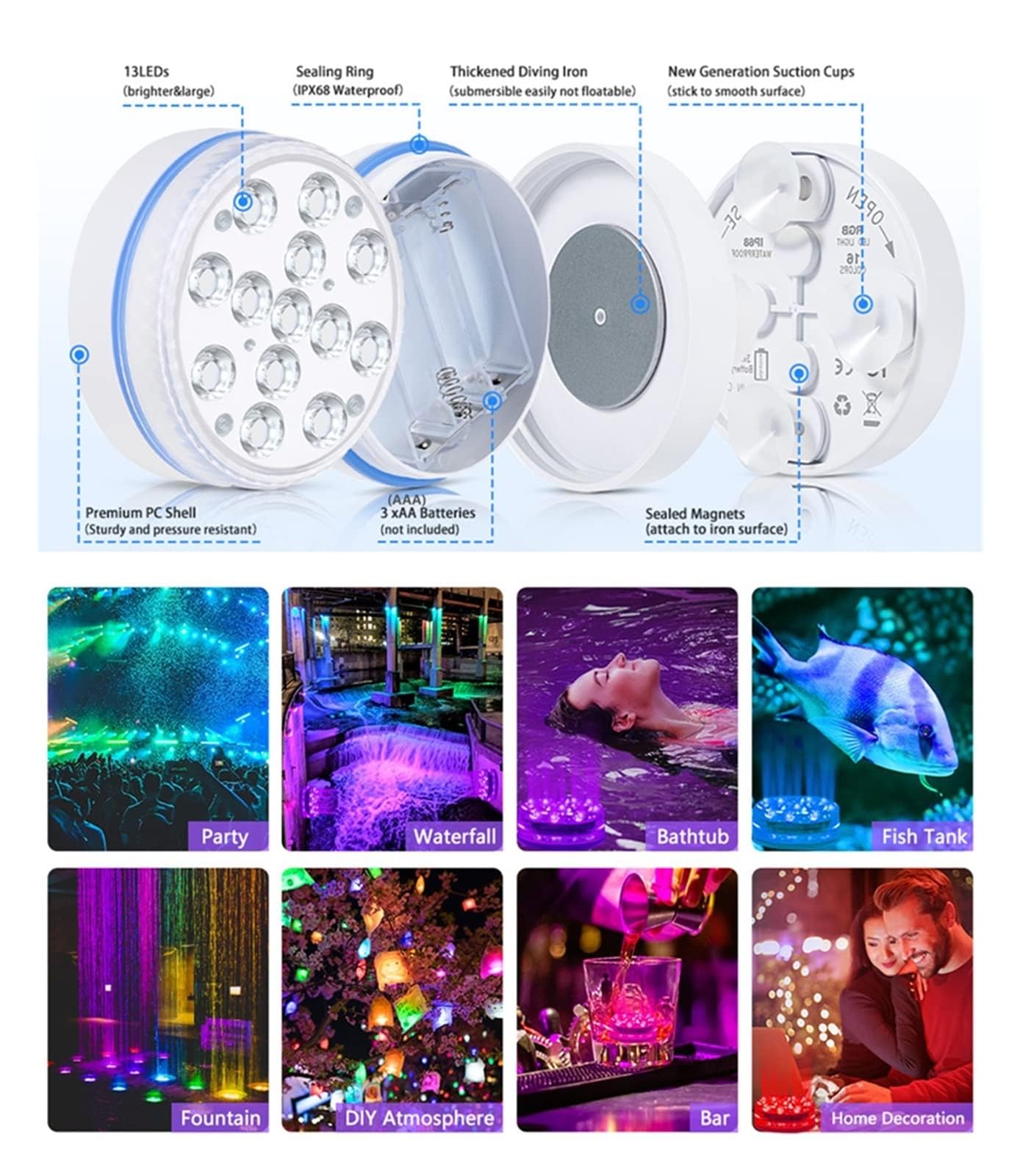 Lumières LED de Piscine Updated Submersible LED Lights with Remote Underwater Pool Light IP68 Magnet 13 LED Bright Lamp RVB for Pond/Pool/Aquarium (Color : 2 Light 1 Controller, Size : 8.5CM)