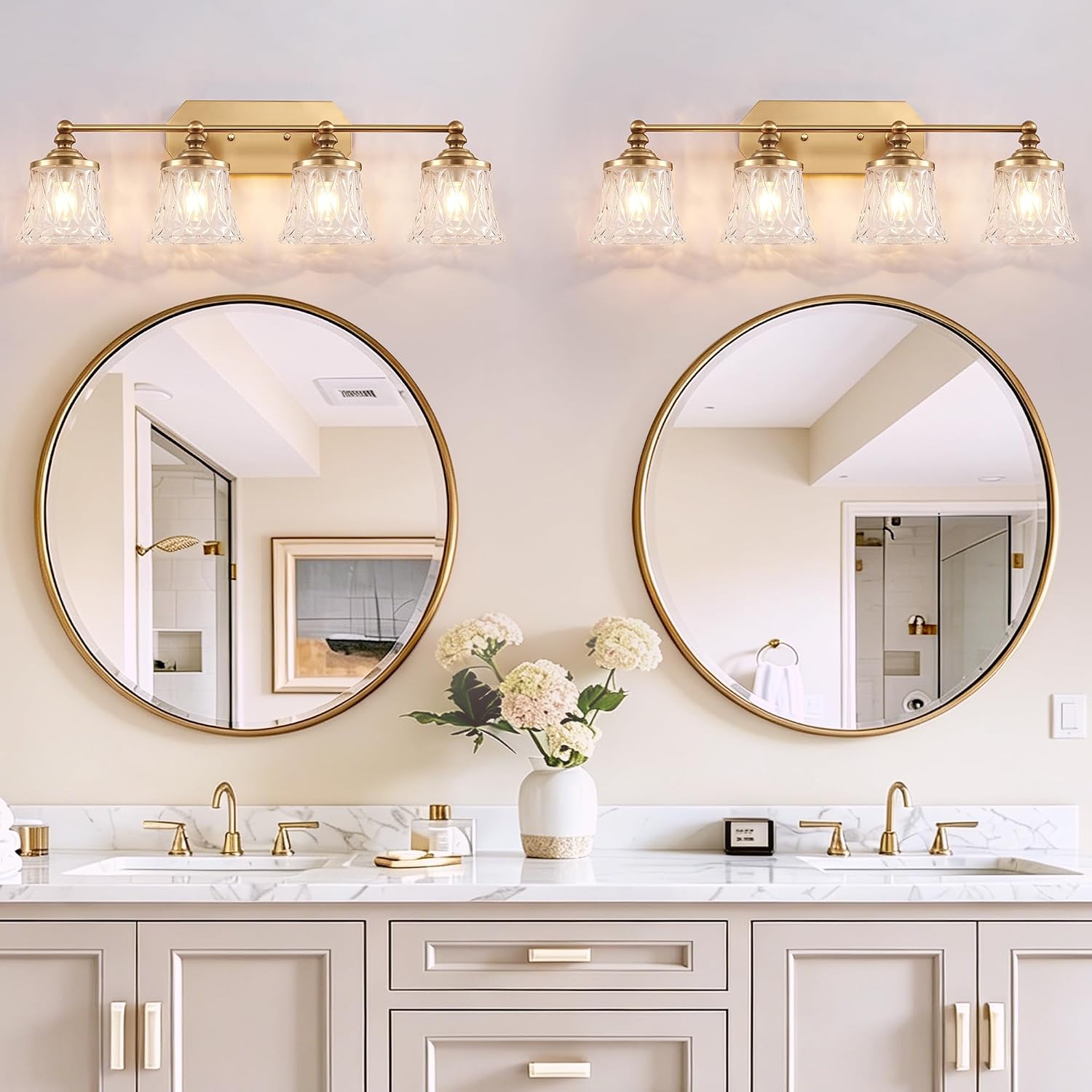 Vintage Bathroom Vanity Light Fixtures, Gold 4-Light Vanity Light, Antique Bathroom Lighting Fixtures Over Mirror with Crystal Glass Shade, Vanity Lights for Bedroom Living Room Hallway