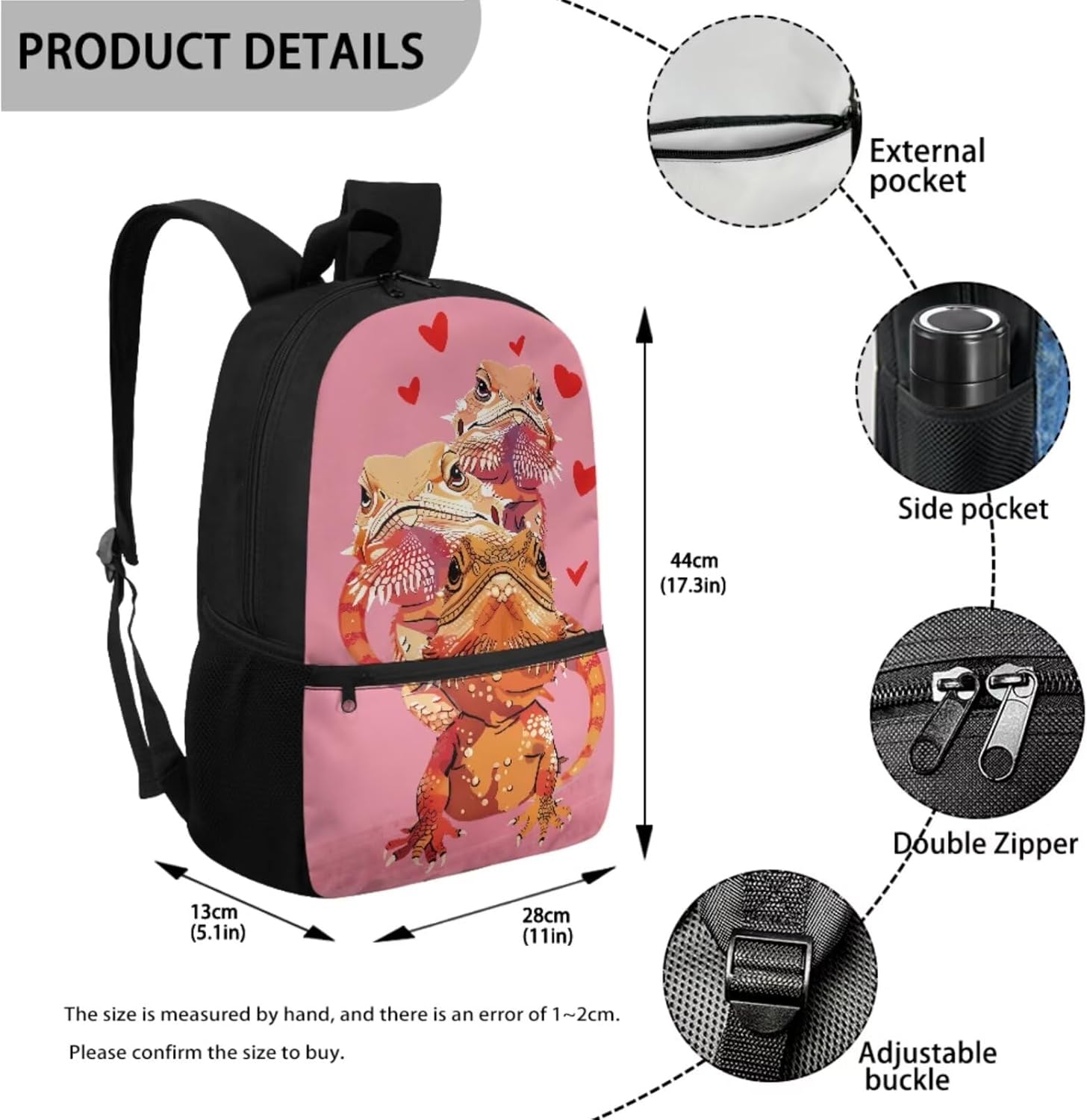 Bearded Dragon Lizard Print School Bag Set for Boys Girls 3 Pieces Kids Backpack Casual Daypack Rucksack Insulated Lunchbox Pencil Case for Teen Children
