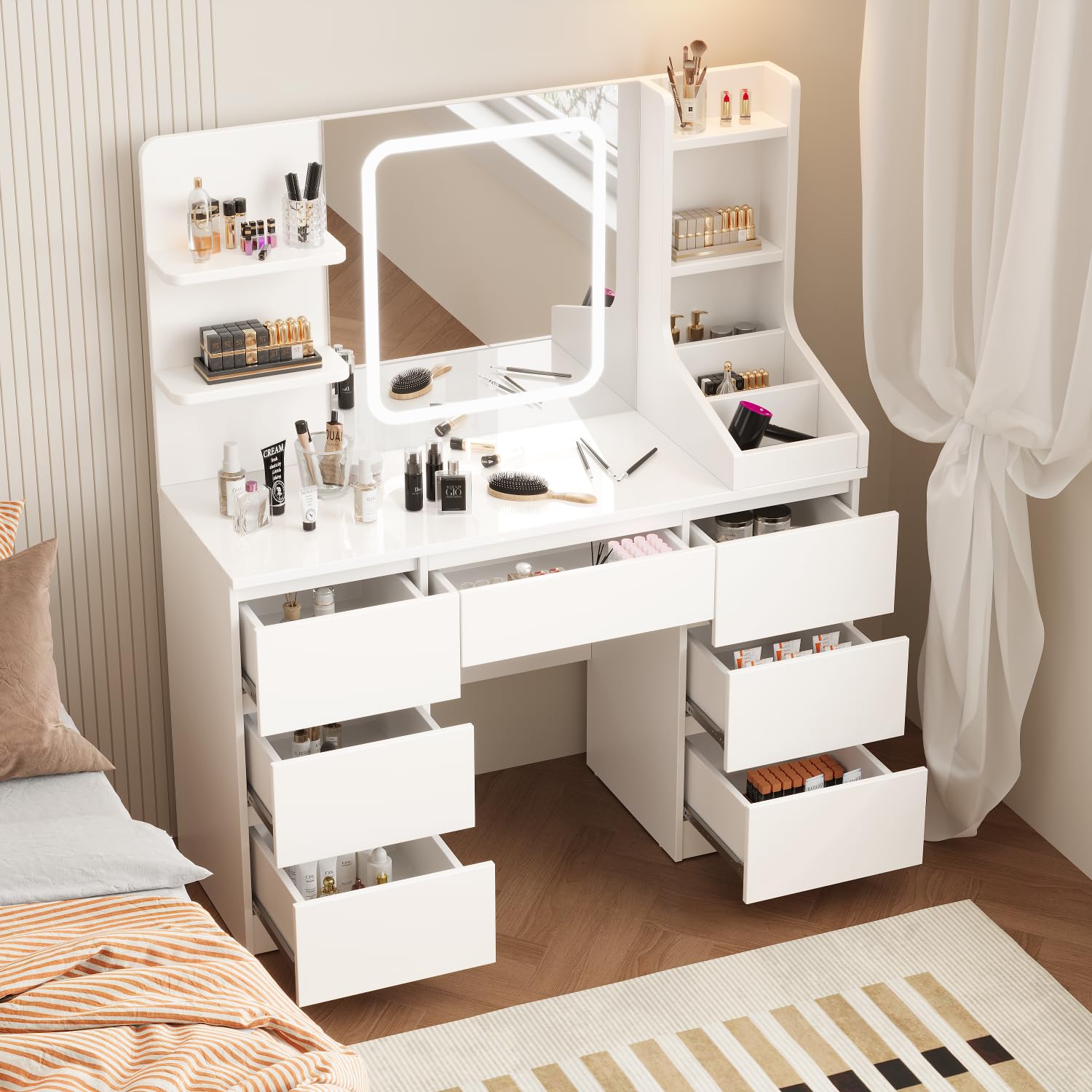Devoko Coiffeuse LED avec 7 Grands Tiroirs, 3 Couleurs avec Luminosité Réglable, Table de Maquillage, Coiffeuse avec Miroir pour la Chambre à Coucher (Blanc)