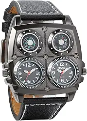 Relógio de pulso masculino punk duplo fuso horário grande pulseira de couro relógio analógico de quartzo esportivo com bússola decorativa e mostradores de termômetro