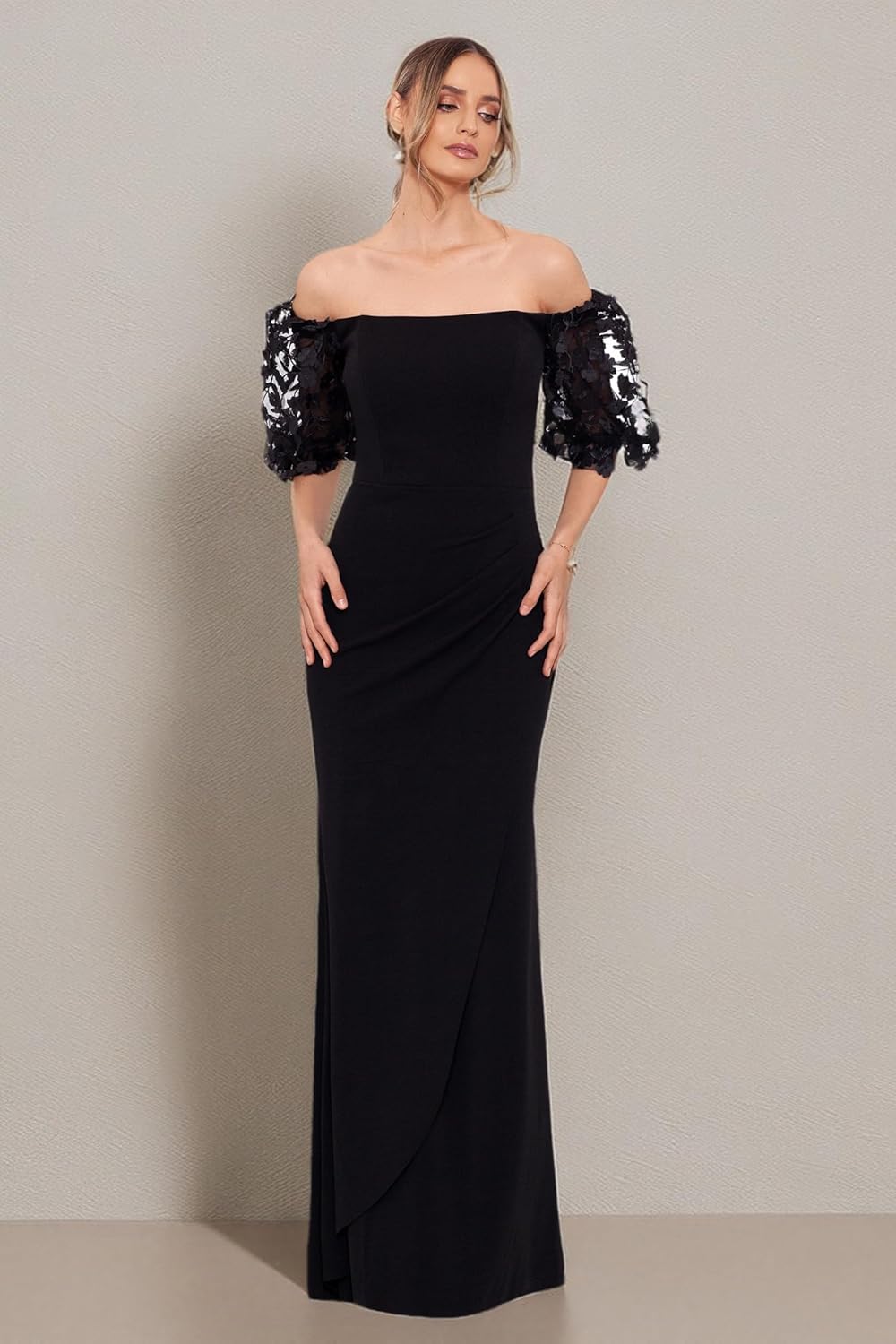 Xscape Womens Illusion Sleeve Off The Shoulder Long Dress (Reg and Petite) - Image 5