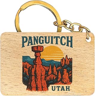 R and R Imports Panguitch Utah Vintage Souvenir Design Flat Wood Keychain 1.5” x 2.5”