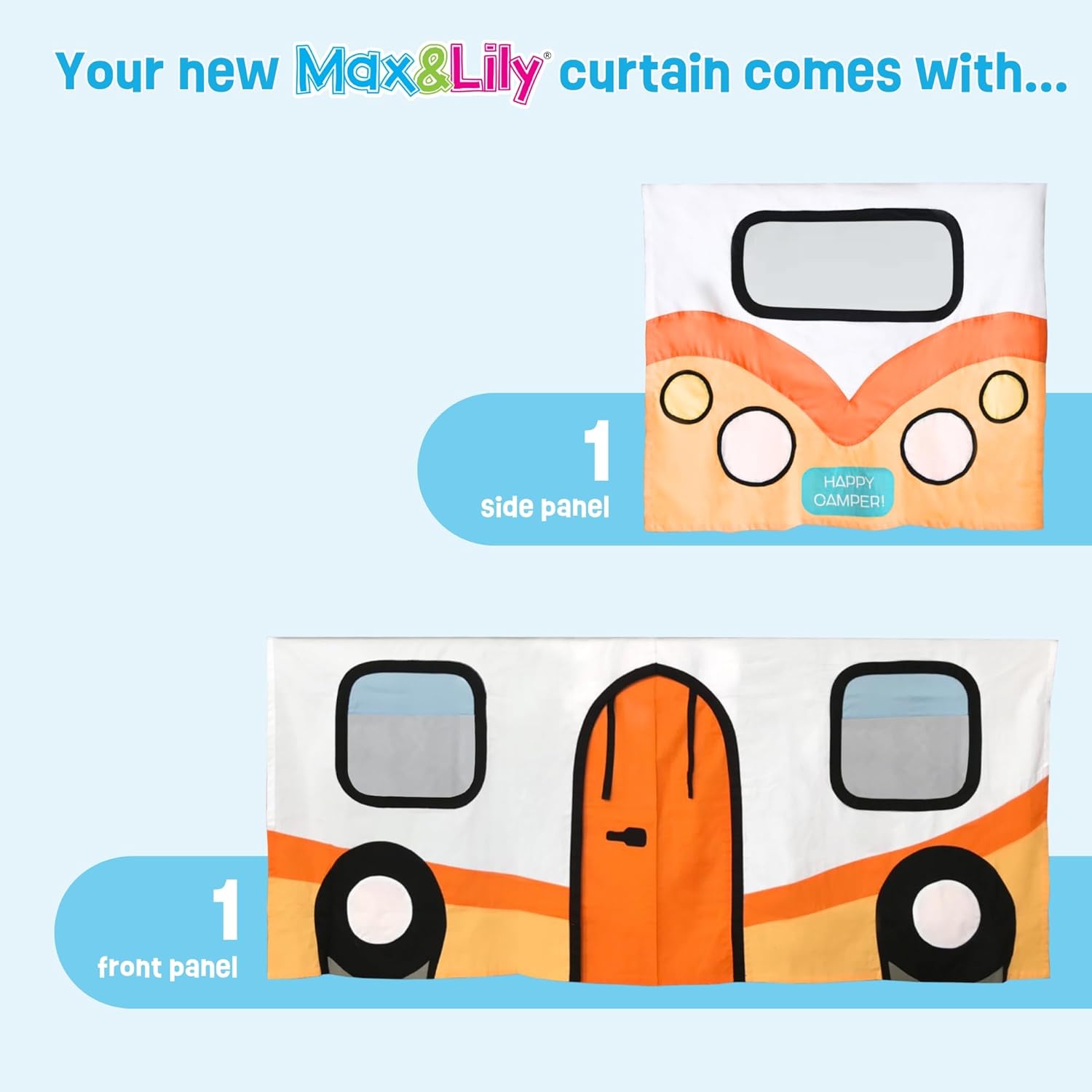 Max & Lily Low Loft with Slide & Orange Camper Van Curtain, White