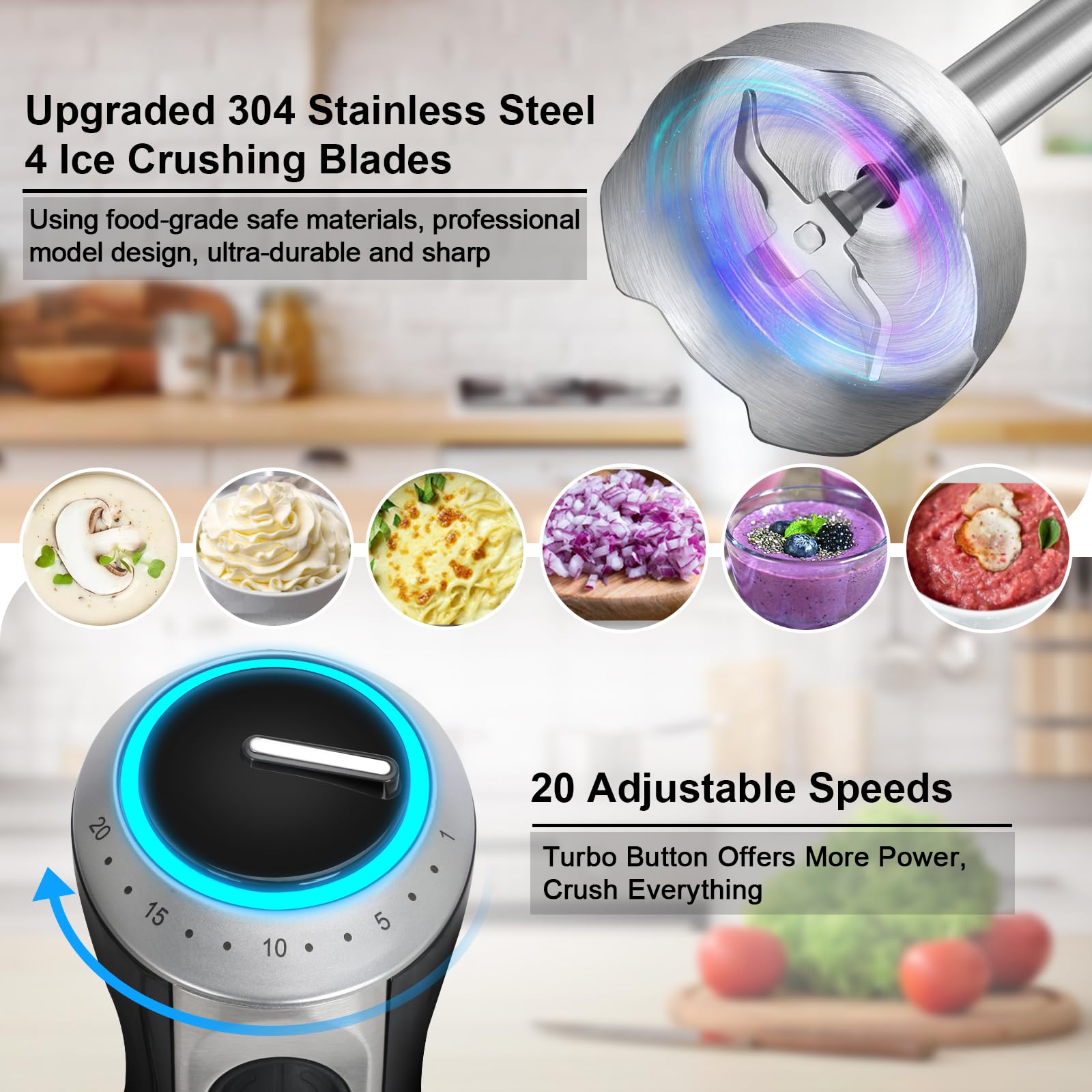 Kolohoso 1500W Frullatore a Immersione, 4 in 1 Minipimer Acciaio Inox, Multifunzione Minipimer Immersione 20 Velocità Regolabili, Frullatore con Frusta, 600ml Misurino un 500ml Tritatutto, senza BPA