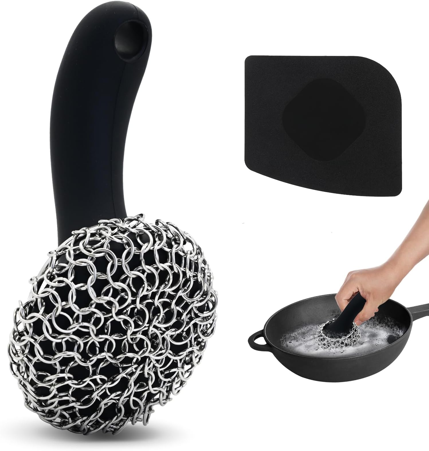Cast Iron Scrubber with Long Handle | 316 Cast Iron Cleaner Chainmail Scrubber for Cast Iron Pan Skillet Cleaner - Dish Scouring Pad Dishwasher Safe Cleaning Kit (Black, 1 Scrubber + 1 Scraper)