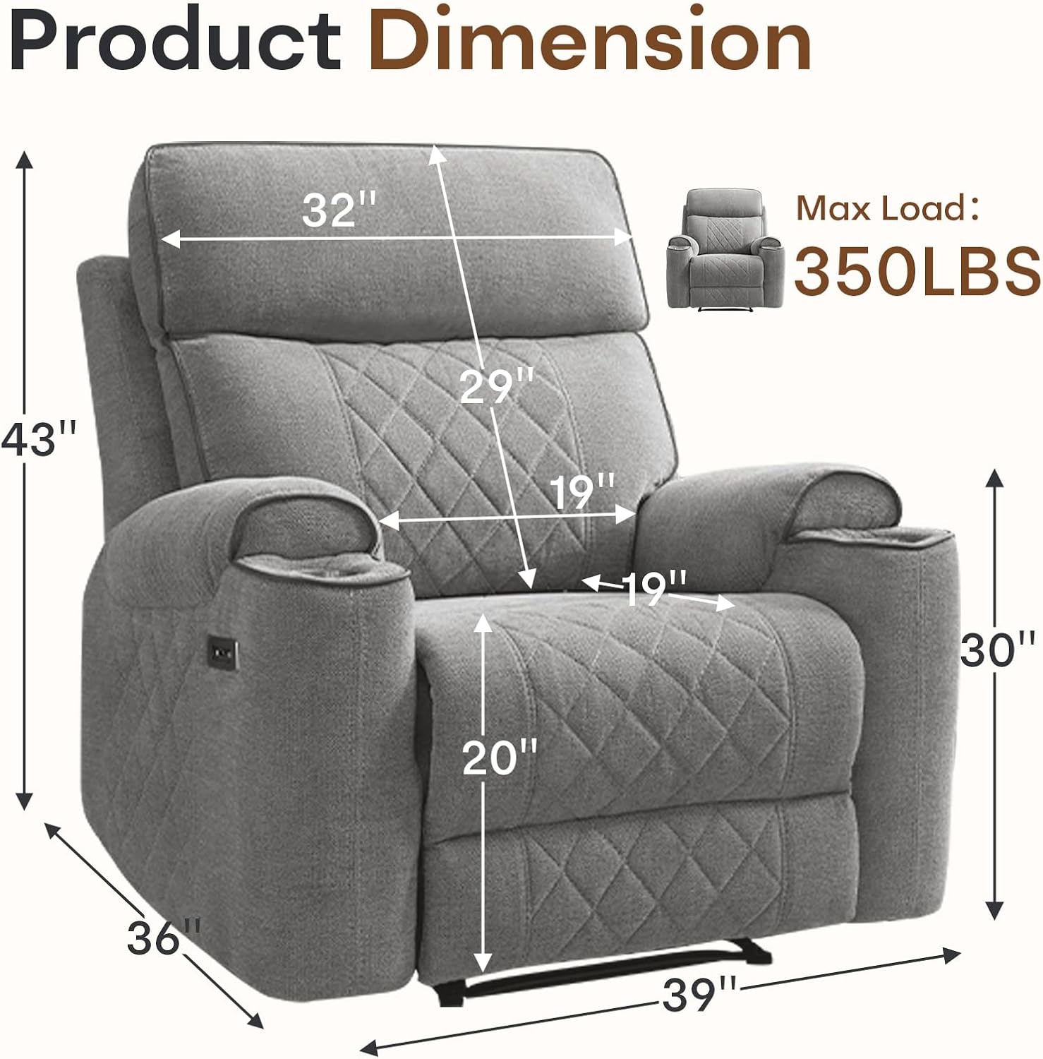 HAOMARKETS Power Recliner Chair for Adults with USB Port, Soft Fabric Electric Recliners with Metal Cup Holders, Single Overstuffed Heavy Duty Reclining Sofa Chairs for Living Room, Light Grey