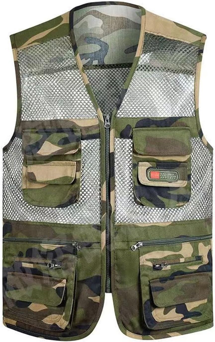 Casual Sleeveless Camp Jacket, Camouflage Mesh Breathable Zip-up Sleeveless V Color Multi Pockets Vest for Men, Windproof Waterproof Zip-up Jacket for Safari, CampingGreen,XXL