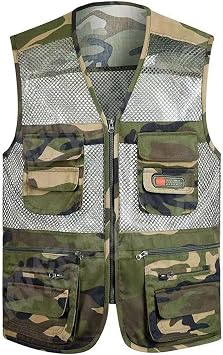 Casual Sleeveless Camp Jacket, Camouflage Mesh Breathable Zip-up Sleeveless V Color Multi Pockets Vest for Men, Windproof Waterproof Zip-up Jacket for Safari, CampingGreen,XXL