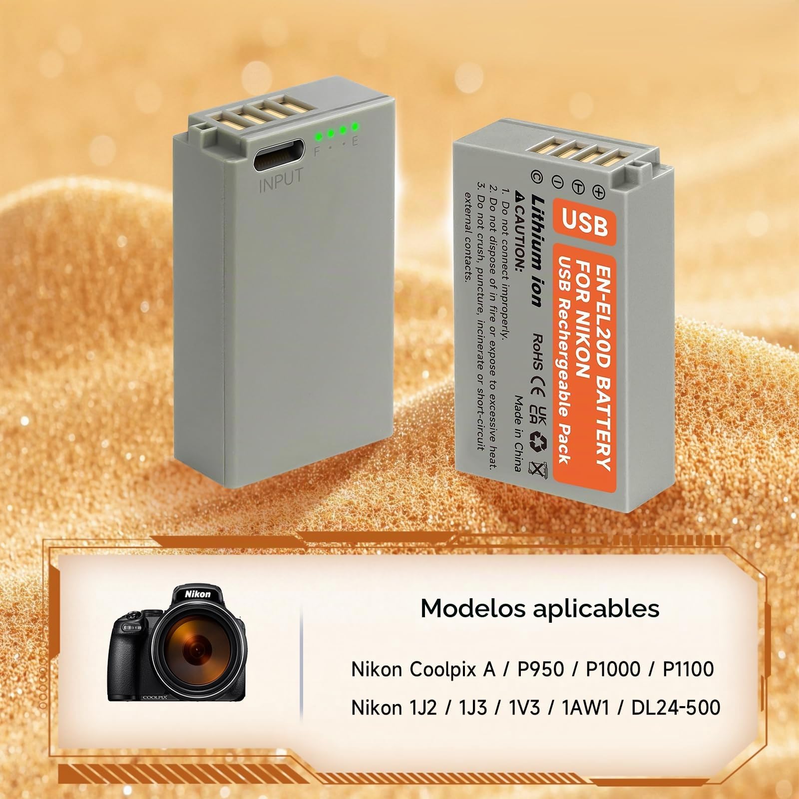 2Pcs ENEL20 EN-EL20a Baterías de Repuesto con LED y Cable de Carga USB-C para Nikon Coolpix P950, P1000, P1100, Coolpix A, 1 J1, 1 J2, 1 J3, 1 S1, 1 V3, DL24-500, 1 AW1