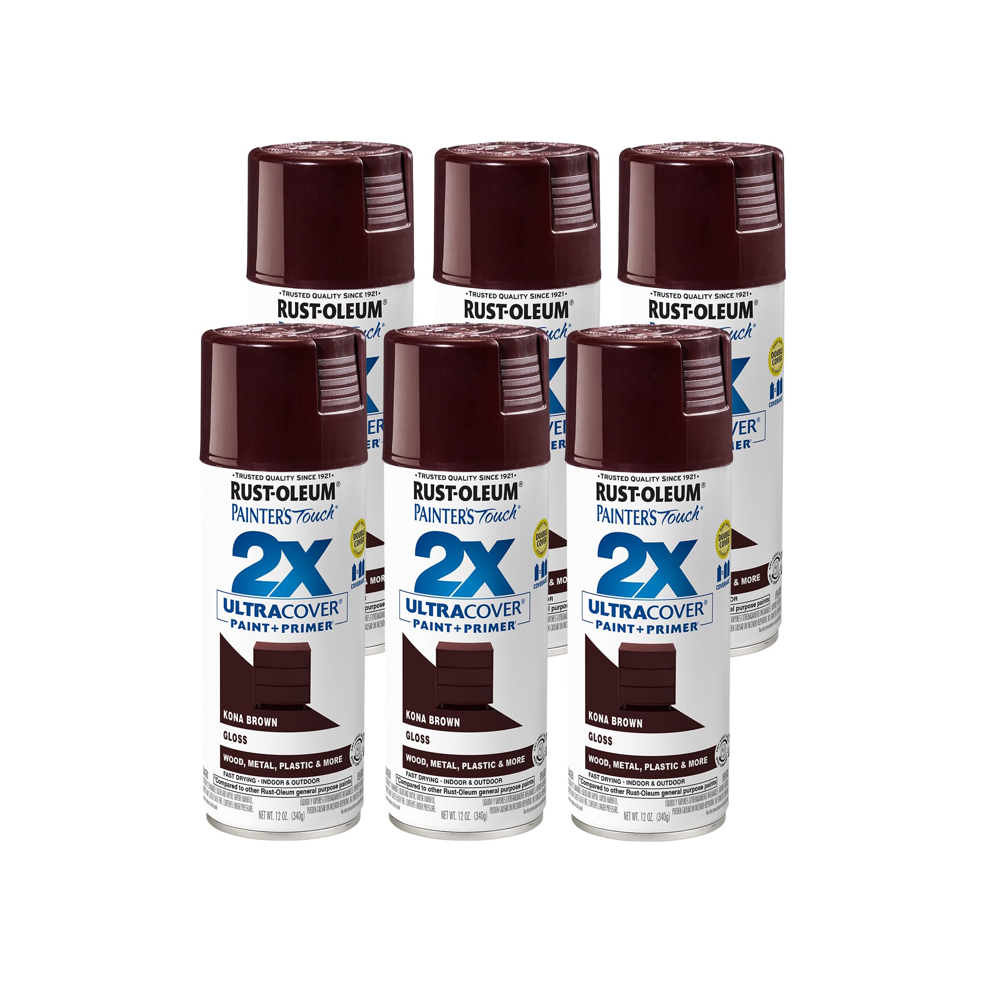 Rust-Oleum 334038-6PK Painter's Touch 2X Ultra Cover Spray Paint, 12 oz, Gloss Kona Brown, 6 Pack