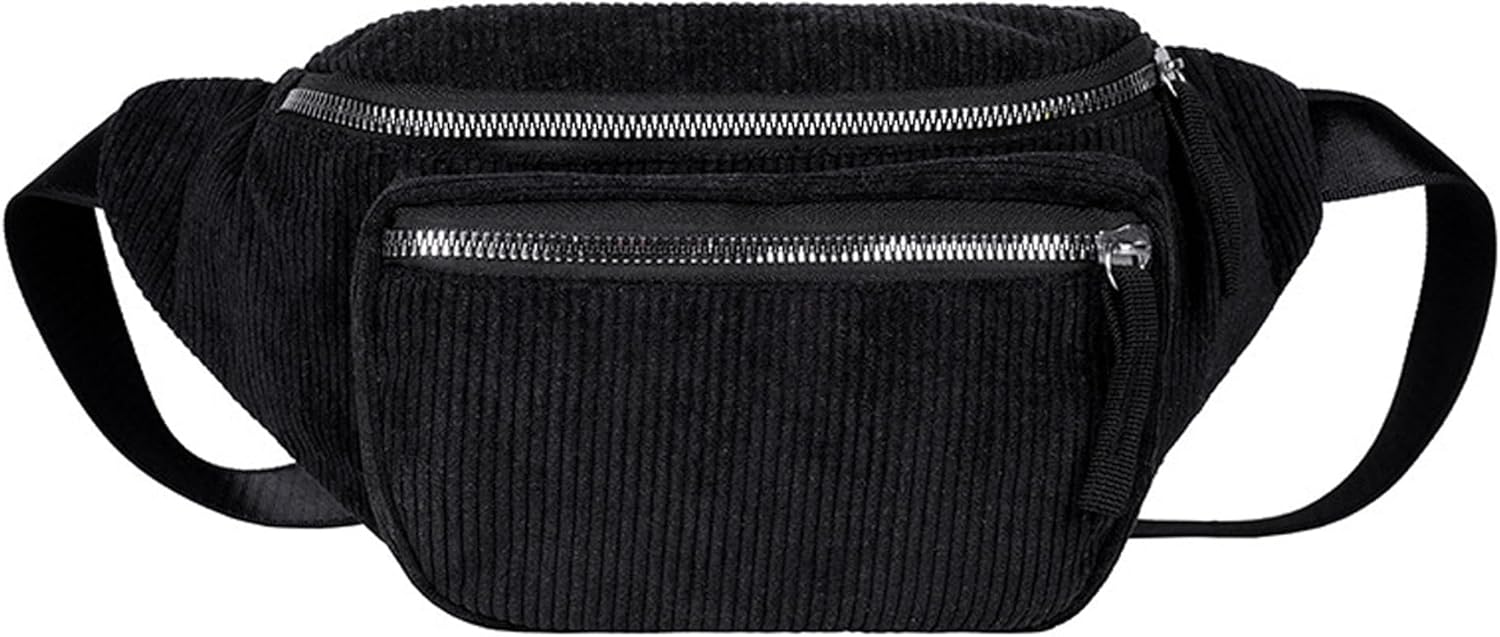 eYLun Women Fanny Pack Crossbody Bag Casual Corduroy Waist Bag Adjustable Chest Bag Waist Pack for Travel Walking Running Hiking Cycling Black
