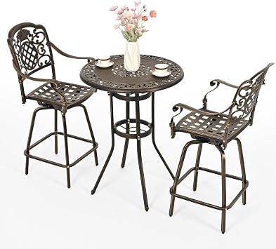 Pamapic 3-Piece Patio Bar Stools Set, Cast Aluminum Outdoor Swivel Bar Chairs with High Top Table, All-Weather Outdoor Bistro Set with Umberlla Hole for Garden, Balcony, Deck Bronze