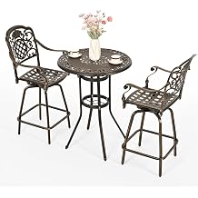 Pamapic 3-Piece Patio Bar Stools Set, Cast Aluminum Outdoor Swivel Bar Chairs with High Top Table, All-Weather Outdoor Bistro Set with Umberlla Hole for Garden, Balcony, Deck Bronze