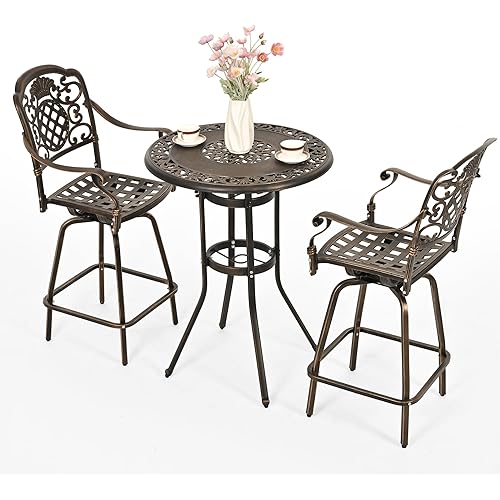 Pamapic 3-Piece Patio Swivel Bar Stools Set，Rustproof Cast Aluminum Patio Bar Sets 2，All-Weather High TopTable and Chairs Furniture Set Garden, Balcony, Bronze