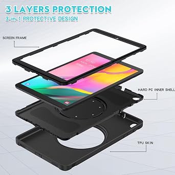 360 Degree Rotating Stand Galaxy Tab A 10.1 2019 Case, Shock-Absorption, Heavy Duty, Handle Included, Android Tablet Galaxy T510/T515 Cover, Fall Prevention, Kids Case, Black