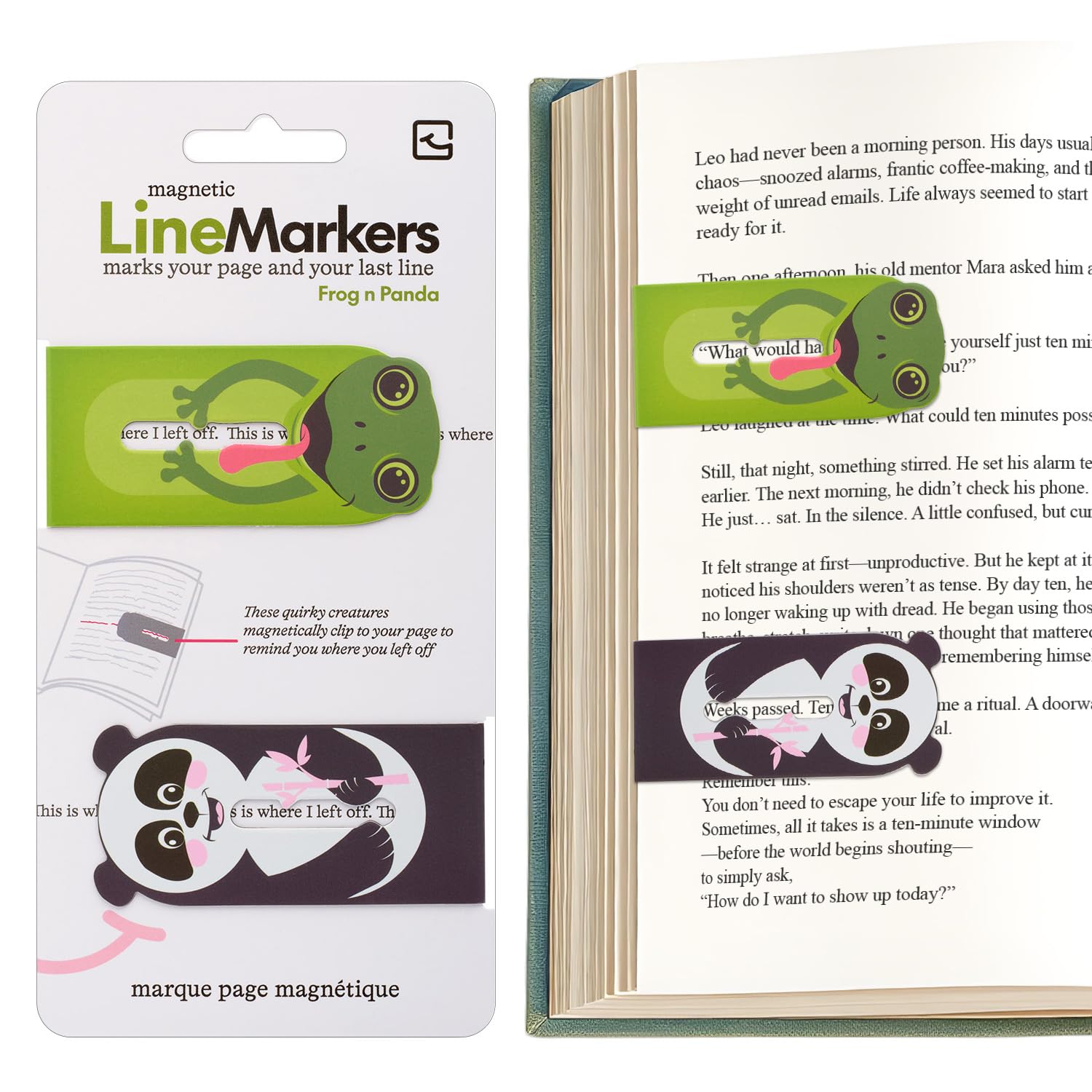 Gifts for Readers & Writers Linemarker Bookmark, 2 Pack Magnetic Bookmarks, Includes Line Finder Slit for Line Tracking, Small & Cute Stationery, Book Page Holder, Reading Accessories, Frog & Panda