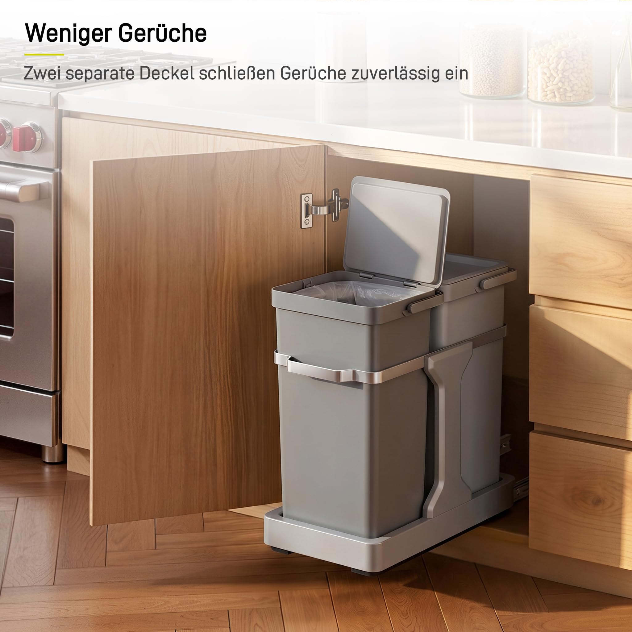 EKO DECO Mülleimer Küche Unterschrank, 20 L + 15 L, 2-fach Mülltrennsystem, ausziehbarer Mülleimer unter Spüle, Abfalleimer mit Deckel, Griff und Beutelhalter, platzsparend & leicht zu reinigen, Grau