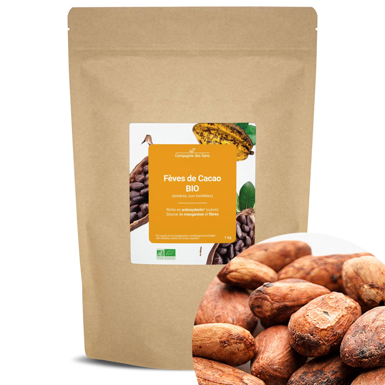 Fèves de Cacao BIO (entières, non torréfiées) - riche en antioxydants - 1kg