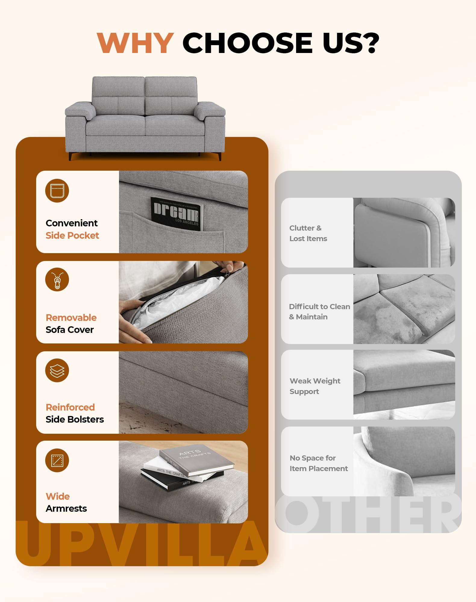 Upvilla 71.25" Modern Couches Deep Seat Sofa for Living Room(Light Gray)