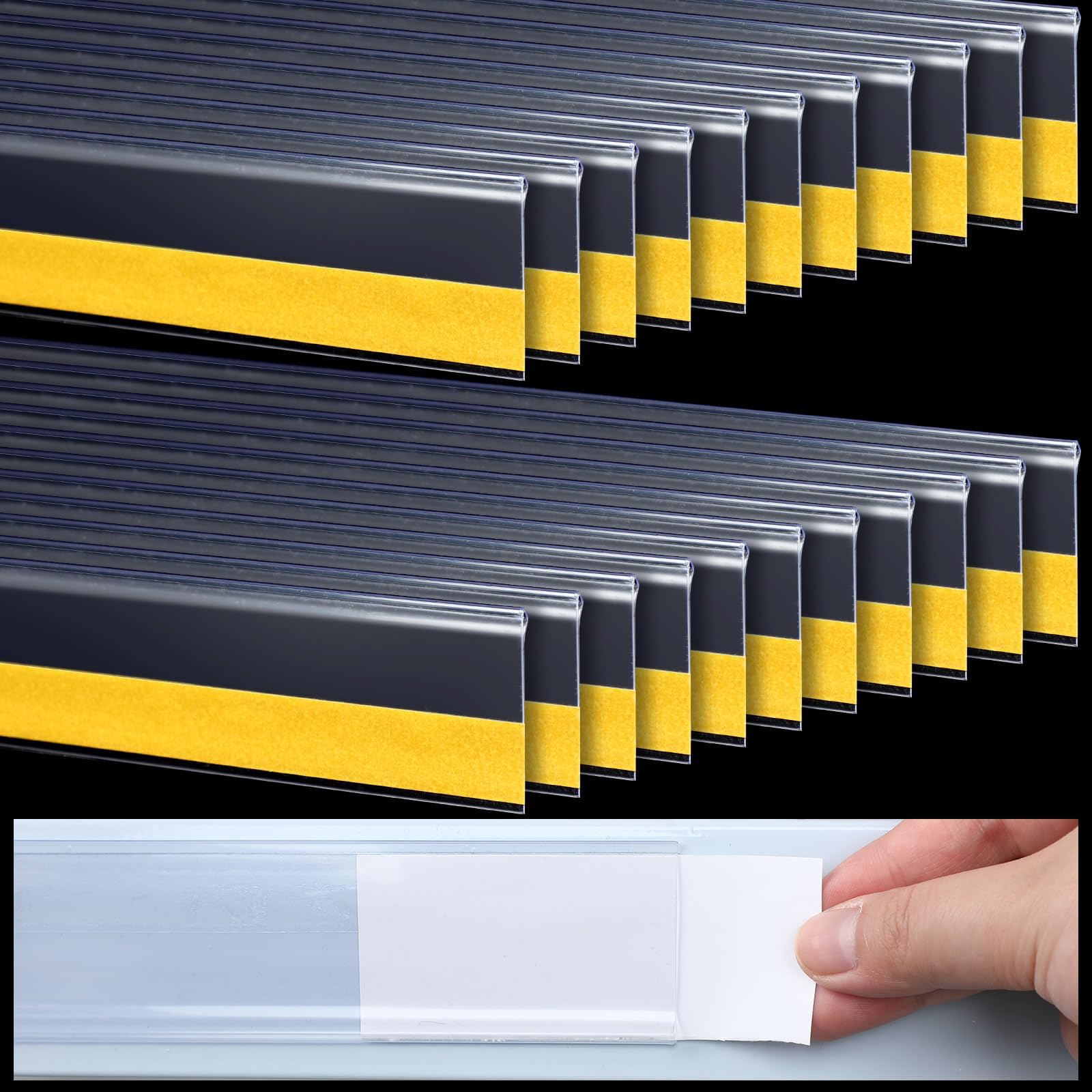 Fainne 25 Pcs Shelf Label Strips 1.25''H x 48" L Self Adhesive Shelf Label Holder Gondola Price Tag Stick on Plastic Clear Ticket Channel for Metal Wood Plastic Rack(White)