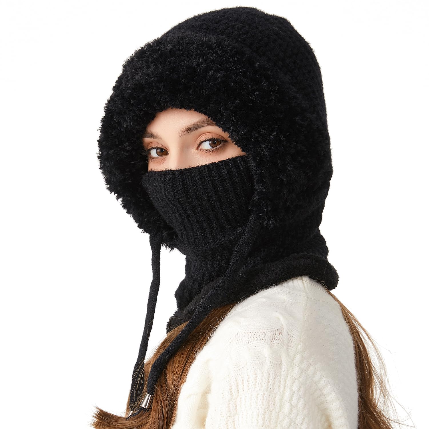 Pasamontañas Invierno Mujer Cálido Sombrero con Cordón Gorro Invierno con Capucha Bufanda Balaclava Multifuncional Beanie Skull Cap para Clima Frío Esquí