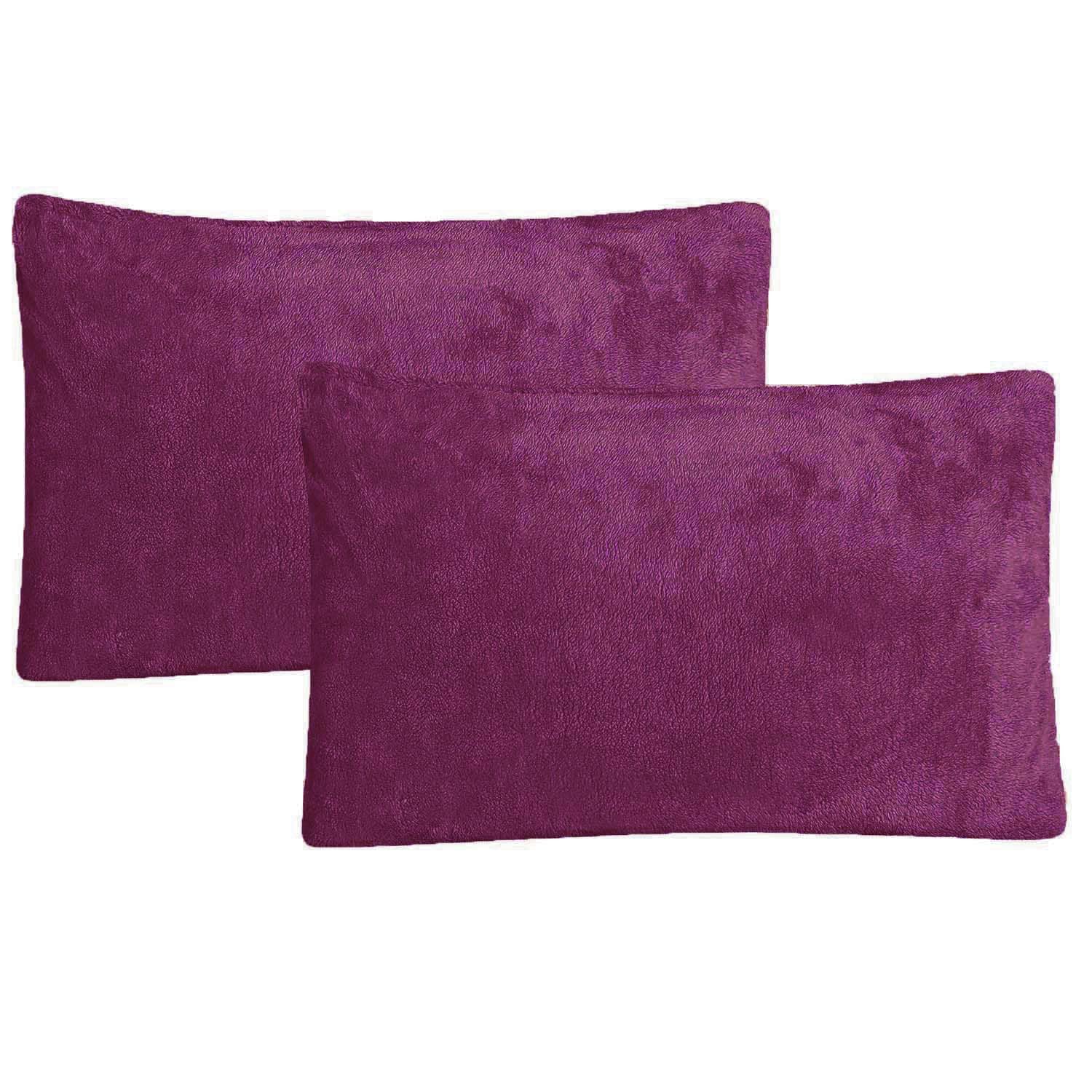 Teddy Bear Fleece Pillowcases, Plain Thermal Fluffy Pair of Pillow Cases, Super Soft Comfy Pillow Cover Bed Line 50cm x 75cm (Aubergine)