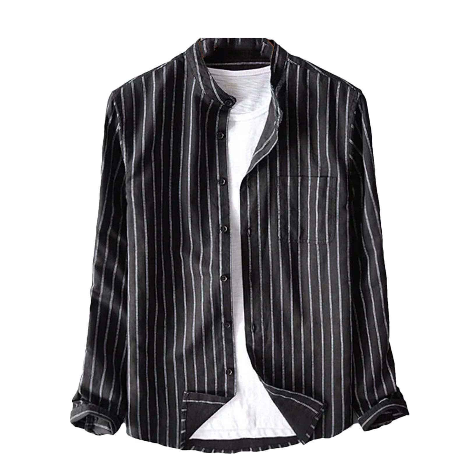 Camicie da uomo in cotone e lino streetwear casual a maniche lunghe con bottoni a righe