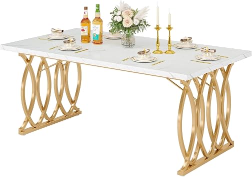 LITTLE TREE Modern Dining Table for 4-6 People, 63" Large Rectangular Kitchen Table with Faux Marble Tabletop and Geometric Legs, Unique Dinner Table Kitchen & Dining Room Furniture
