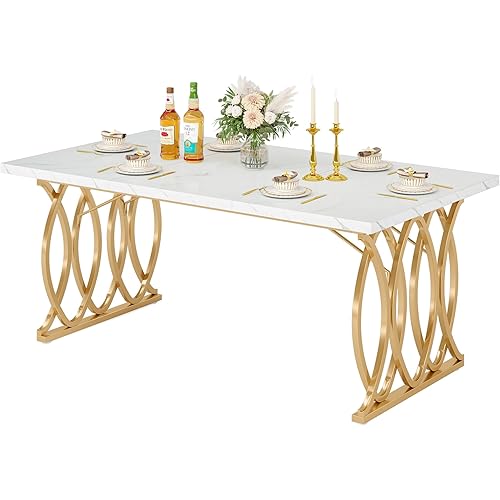 LITTLE TREE Modern Dining Table for 4-6 People, 63" Large Rectangular Kitchen Table with Faux Marble Tabletop and Geometric Legs, Unique Dinner Table Kitchen & Dining Room Furniture