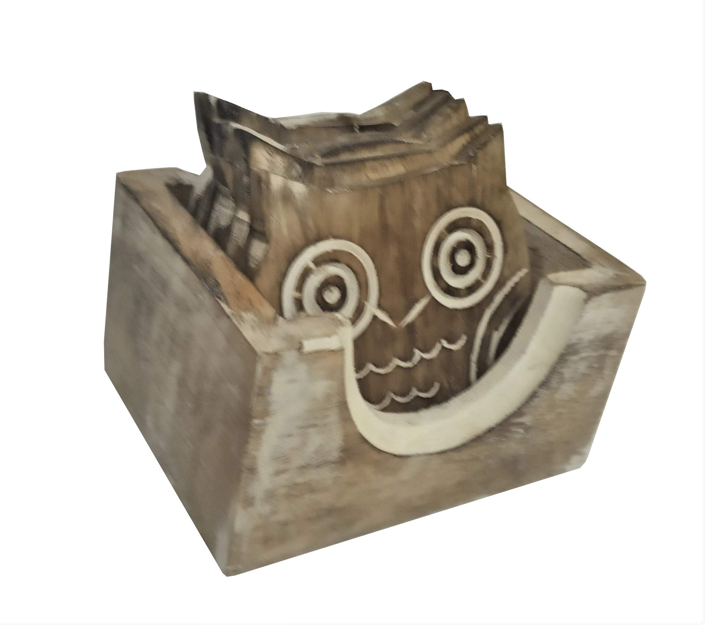 Purpledip Wooden Coaster Set 'Night Owl': 6 Owl Design Coasters in Distress Finish (12023), Brown - Image 2