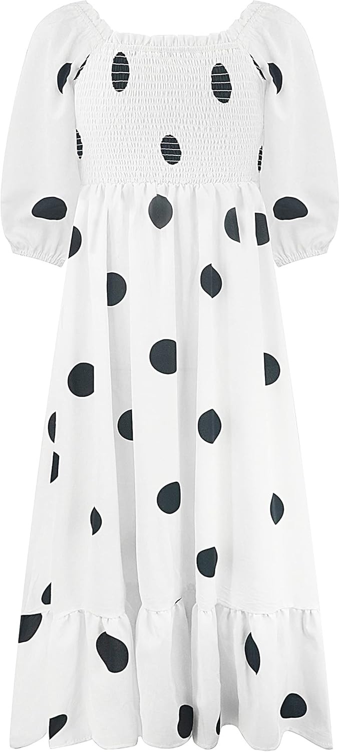 R.Vivimos Women's Summer Cotton Puff Sleeves Casual Vintage Polka Dots Print Off Shoulder Midi Dress - Image 6