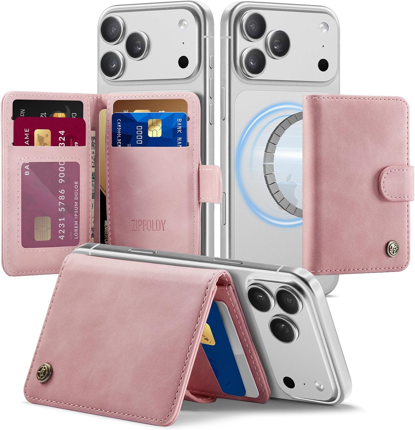 for Magsafe Wallet, Magnetic Phone Wallet with RFID Blocking 6-Card Holder for Men Women Minimalist Slim PU Leather Kickstand for iPhone 17 Air 16 15 14 13 12 Pro Max Plus, Vintage Pink