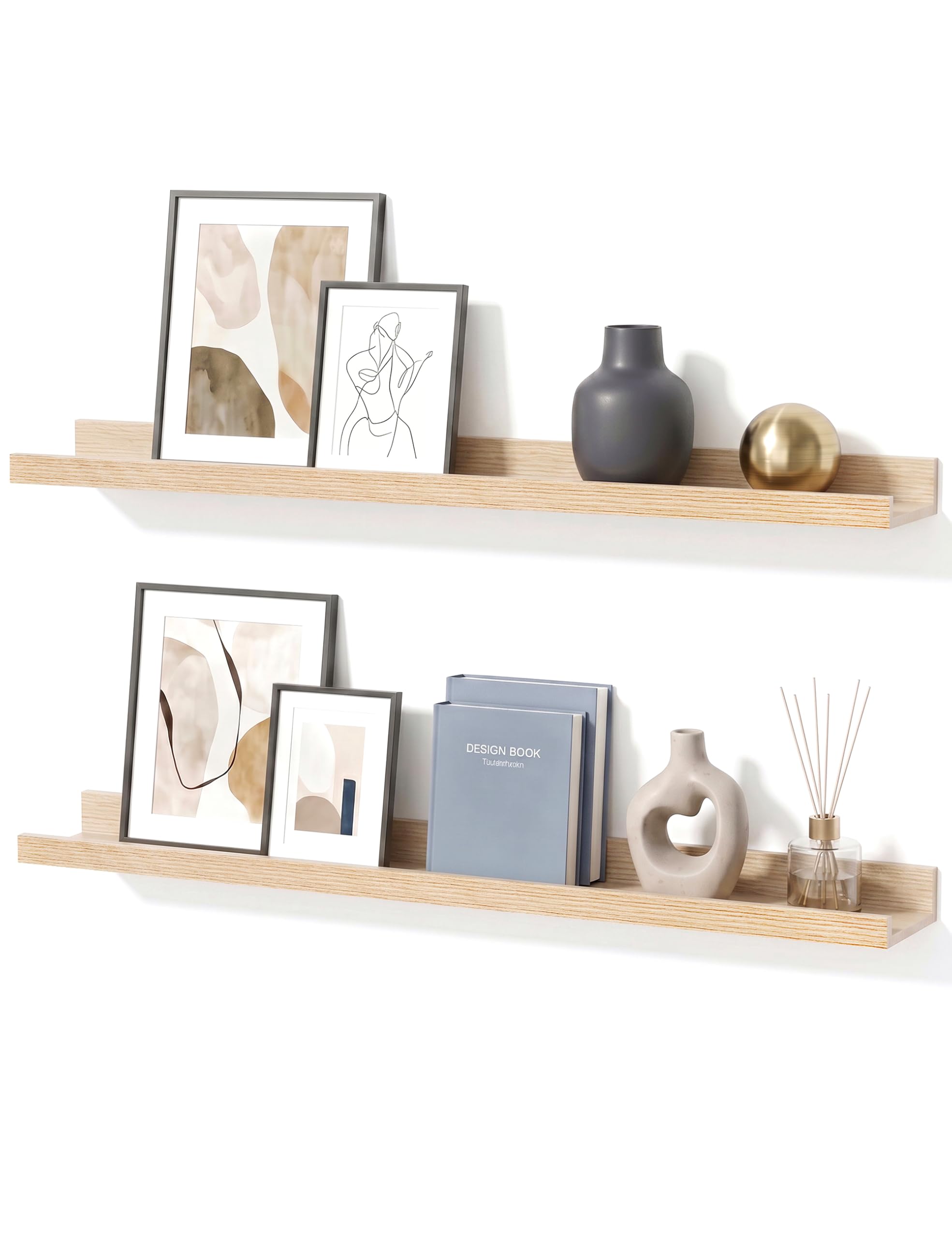 Bilderleiste Eiche 90 cm, 2er Set Schweberegal mit erhöhter Vorder- und Rückkante, großes Wandboard für Bilderrahmen, Pflanzen und Dekoration, Regal für Wohnzimmer, Schlafzimmer und Flur