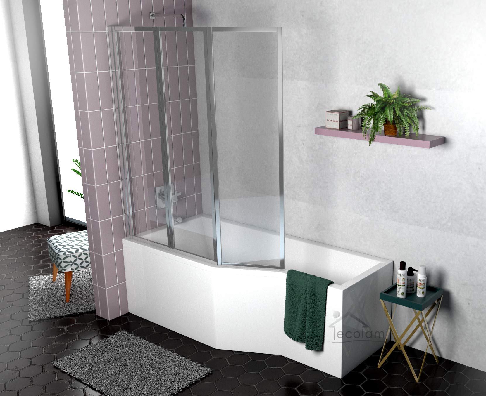 ECOLAM Duschbadewanne Set Badewanne + Badewannenabtrennung Duschwand Eckbadewanne Integra 170x75 cm LINKS Acryl weiß + Schürze Ablaufgarnitur Ab- und Überlauf Automatik Füße Silikon raumsparend