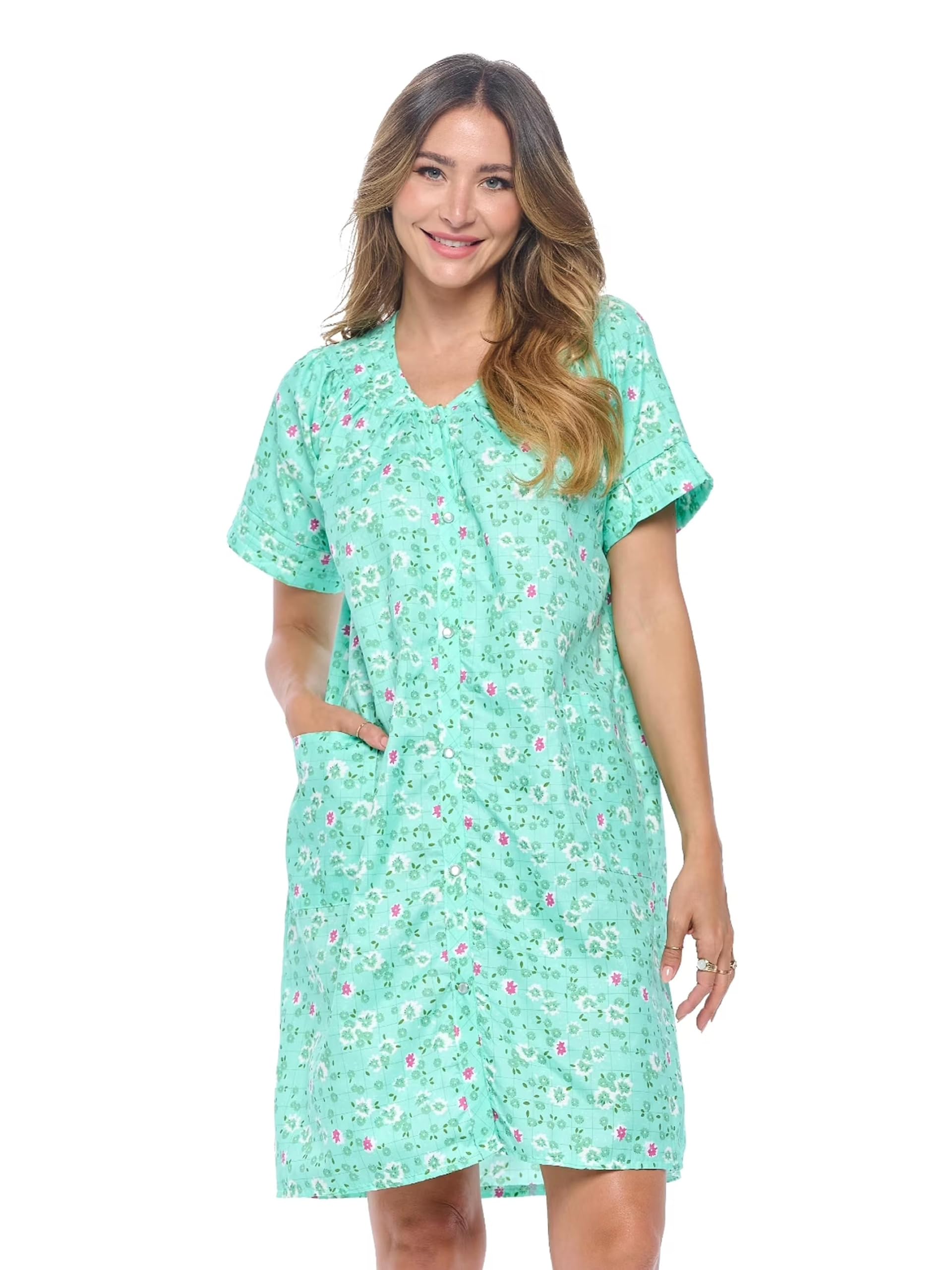 Casual Nights Women's Snap - Front House Dress Short Sleeve Woven Housecoat Duster Lounger Robe with Pockets