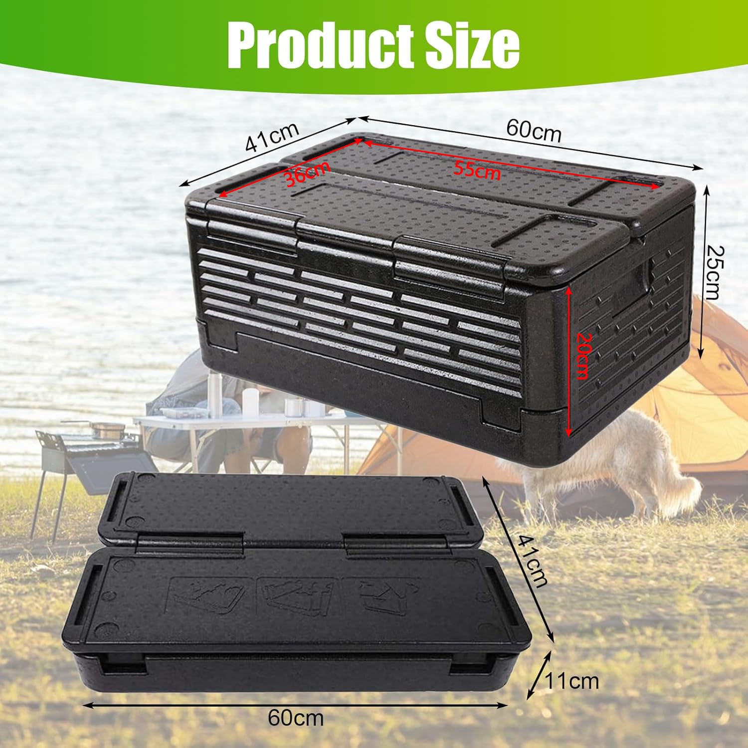 Scatola termica pieghevole da 40 l, in polistirolo, 60 x 41 x 25 cm, per cibo con coperchio integrato, multifunzionale, per campeggio, picnic, cibo e trasporto (nero)