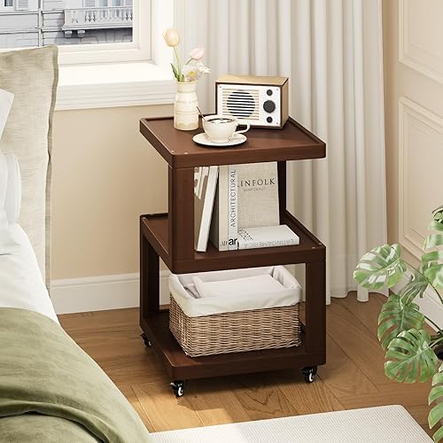 Miniatura 6 de COMASACH Mesa auxiliar de bambú de madera maciza con estantes de almacenamiento, mesa auxiliar de sofá de 3 niveles con ruedas, mesita de noche