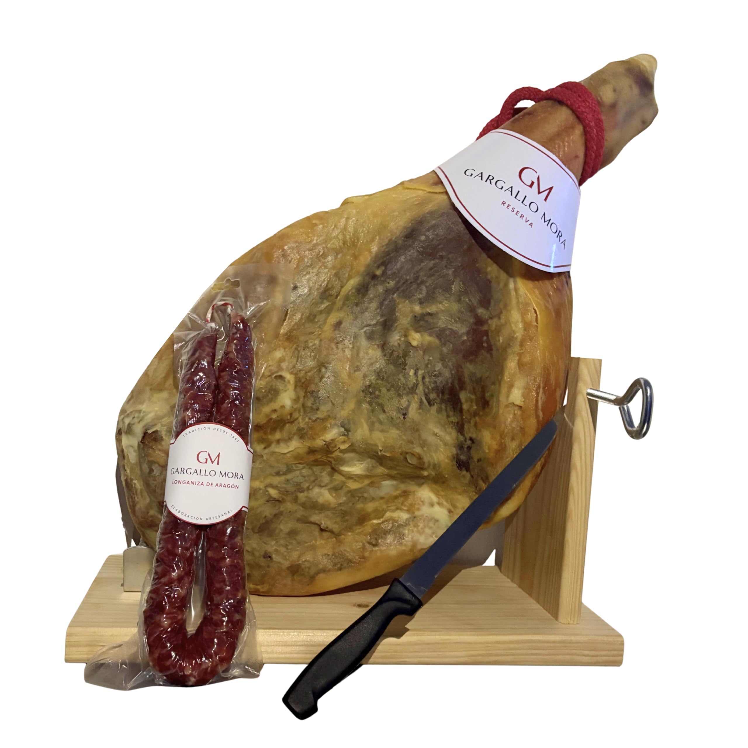 Jamón Reserva sin pata entero 7,5 kg - Elaborado a partir de cerdo Duroc - jamón reserva curado de manera natural durante más de 18 meses. + longaniza de Aragon + jamonero + cuchillo