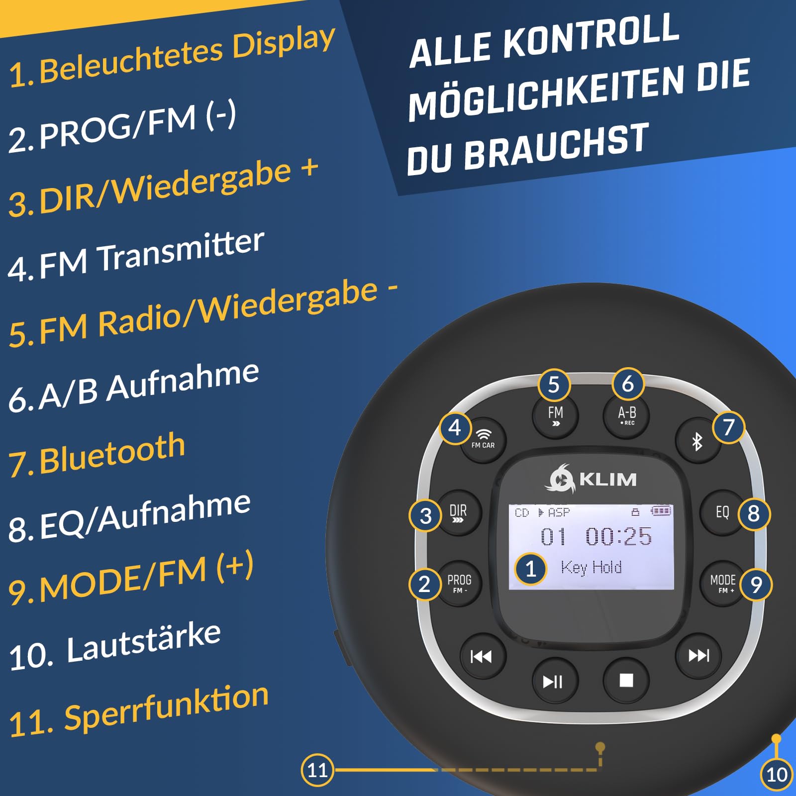 Journey Tragbarer CD-Player mit Radio FM und Bluetooth | Mit Anti-Schock-Chip SD-Kartenleser und wiederaufladbarem Akku fürs Auto, Schwarz