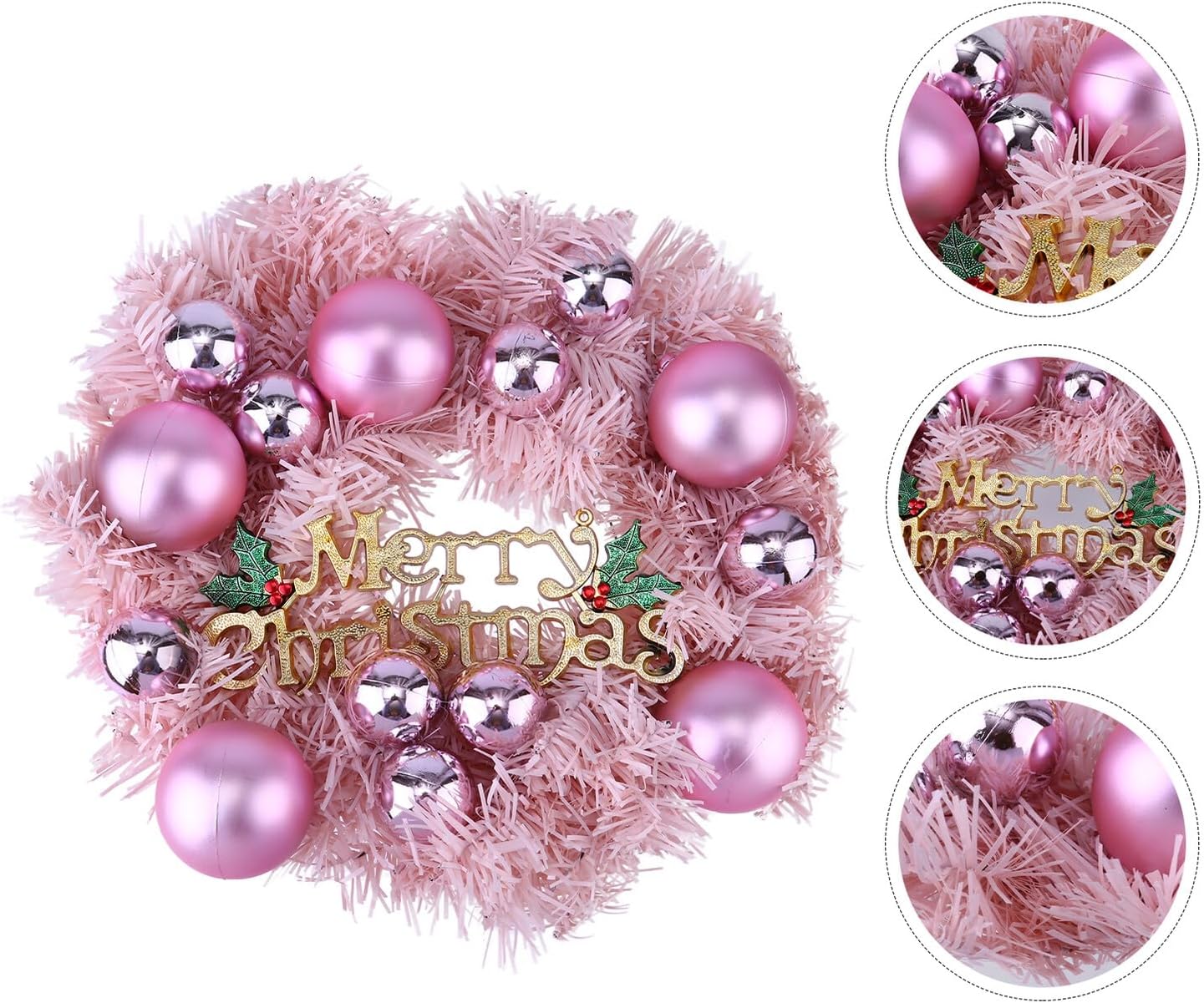 Decorative Pink Wreath with Balls Reusable Xmas Garland Wall Ornament for Front Door Shop Window Indoor Covered Outdoor Holiday Decor