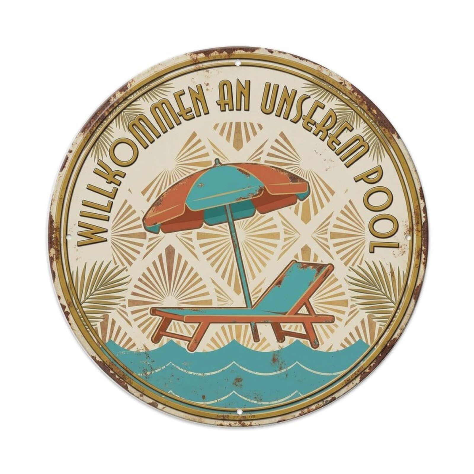 German Welcome Pool Paradise Tropical Vintage Summer Badge Metal Tin Sign Plaque Wall Decor for Cafe, Man Cave, Club Bar, Office, Home Garden Round Metal Poster 8x8Inch