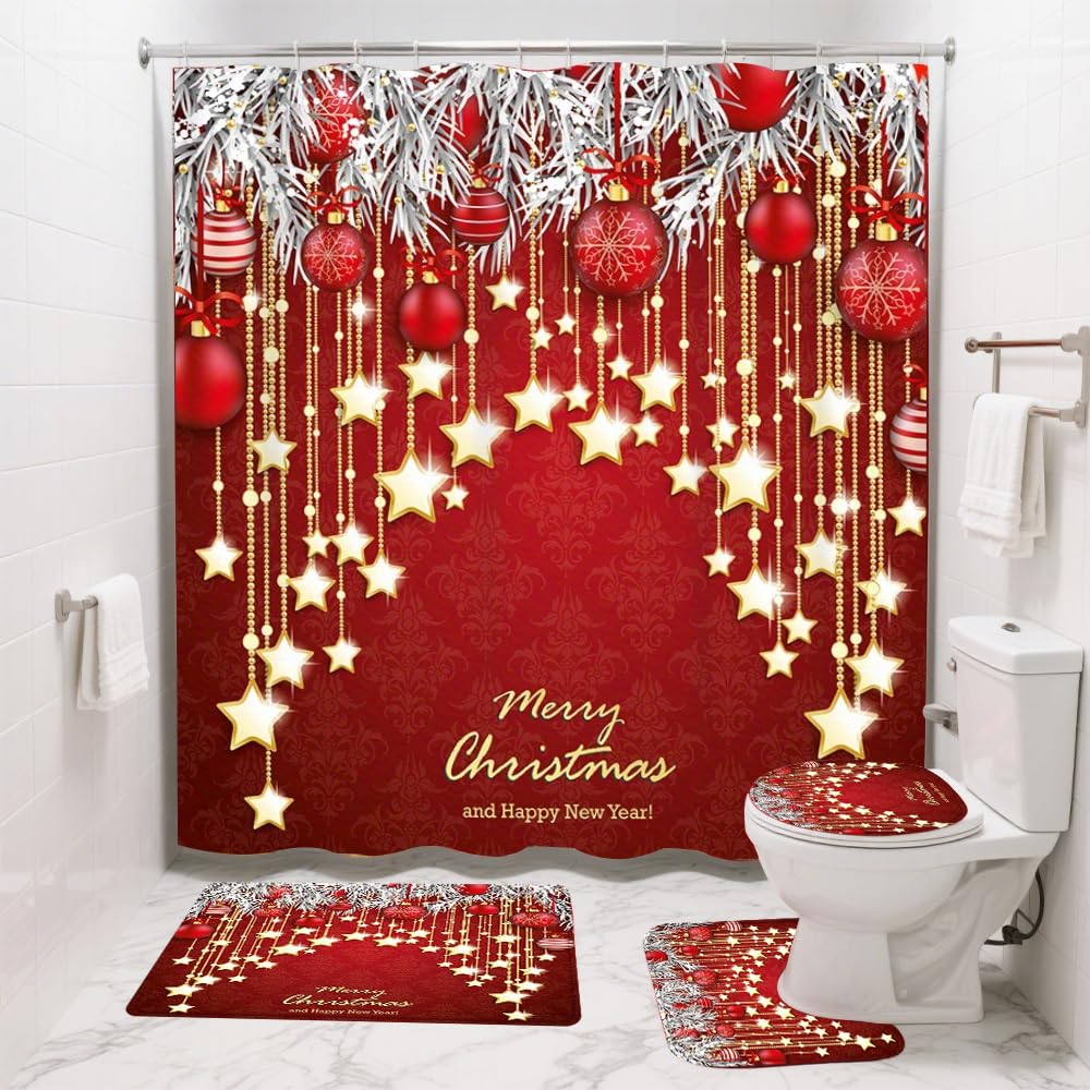 Ensemble de Rideaux de Douche de Noël, 4 Ensembles de Salle de Bain Noël avec Rideau de Douche(180x180cm), Tapis Couvercle de Toilette, U-förmiger Badematte, Tapis-Sol sans Glissement