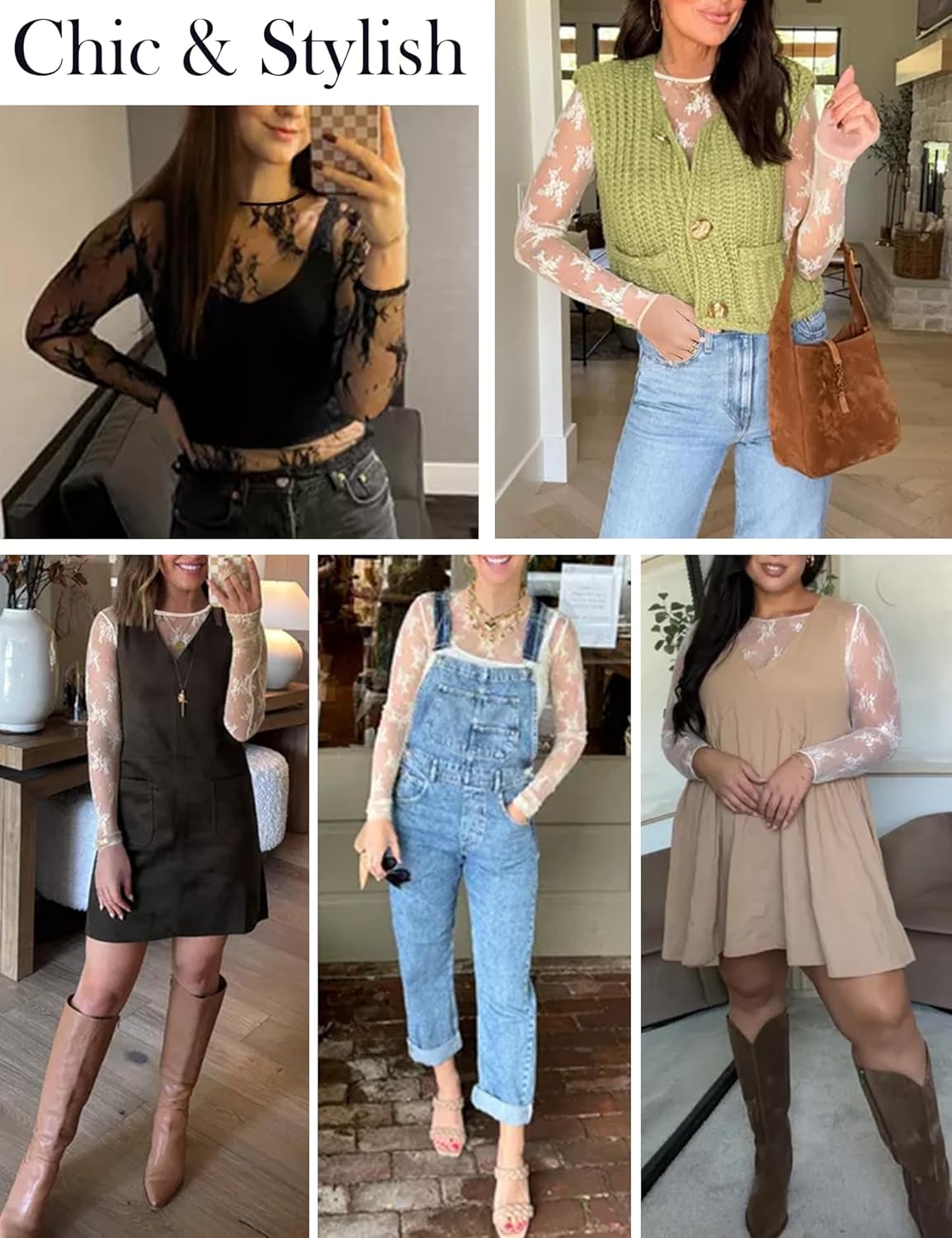 Women's Lace Long Sleeve Tops Mesh Sheer Blouse See Through Floral Concert Outfits Party Lace Undershirt - Image 4