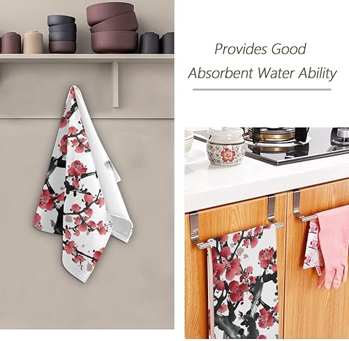 Miniatura 7 de Juego de 2 toallas de mano con diseño de flor de ciruelo rojo para baño, flores, flores, árboles, ramas, peces koi, estilo asiático, juego de